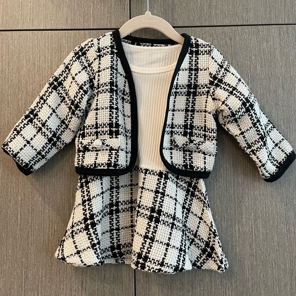 Classy toddler Plaid Tweed Jacket and Dress Set